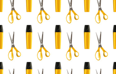 Bright back to school seamless pattern with highlighters and pairs of scissors.
