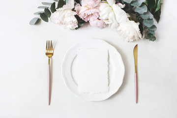 Feminine wedding, birthday desktop mock-up scene. Porcelain plate, blank cotton paper greeting...