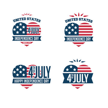 4th of July. United Stated independence day greeting typographic heart shape label design. Vector illustrative set for badges, tags, greeting cards, banners, background. Fourth of July in USA emblems.