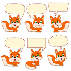 Set of funny squirrel with speech bubbles in different poses and emotions.