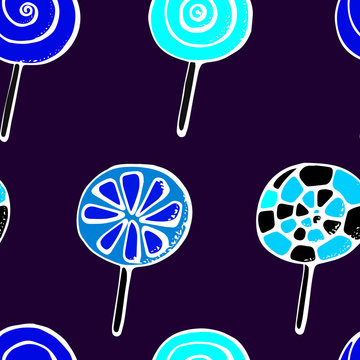 Colorful lollipops on vaiolet background in flat style design. Seamless background with cute candy.