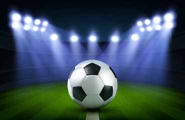 Naklejka premium Soccer ball on stadium, football arena with glowing spotlights and green grass, banner template for tournament or teams competition advertising, bookmaker promo, Realistic 3d vector illustration