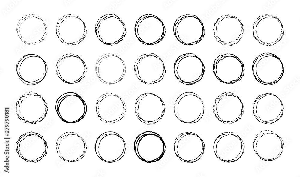 Poster vector set of round doodle frames. empty circles collection for decoration. hand drawn sloppy linear