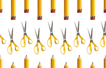 Seamless pattern of yellow pencil and pair of scissors.