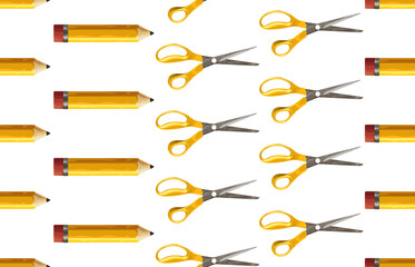 Seamless pattern of yellow pencil and pair of scissors.