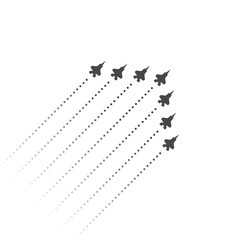 Military Aviation. Fighters fly up. wedge shape of flying jet planes. Silhouettes of reactive planes and trace of jet engines. Vector illustration.