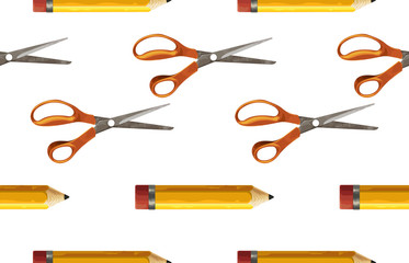 Seamless pattern of yellow pencil and pair of scissors.