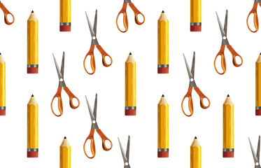 Seamless pattern of yellow pencil and pair of scissors.