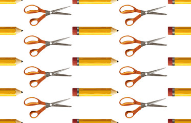 Seamless pattern of yellow pencil and pair of scissors.