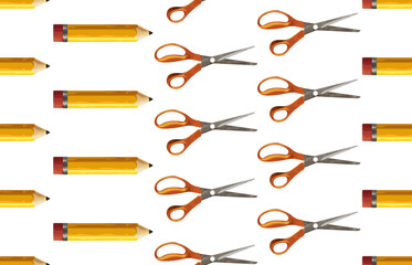 Seamless pattern of yellow pencil and pair of scissors.