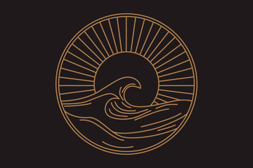 Vector seascape illustration, summer sea with big wave and sun, logo in a circle
