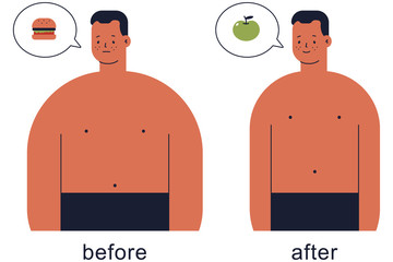 Cute man before and after lose weight vector cartoon illustration isolated on a white background.