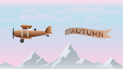Text autumn on Airplane. On Background nature the mountains. Poster for your text. Vector illustration