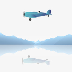 Airplane on background the mountains and lake. Vector illustration.
