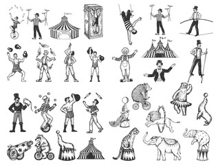 Retro circus performance set sketch style vector illustration. Old hand drawn engraving imitation. Human and animals vintage drawings - obrazy, fototapety, plakaty