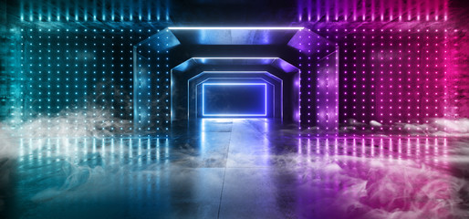 Smoke Futuristic  Sci Fi Laser Neon Shapes Glowing Light Vibrant Purple Blue Stage NIght Club Background Grunge Concrete Dark Tunnel Hall Corridor Garage Fashion Reflective 3D Rendering