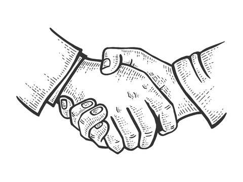 Businessmen handshake sketch engraving vector illustration. Scratch board style imitation. Black and white hand drawn image.