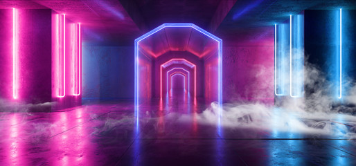 Smoke Futuristic  Sci Fi Laser Neon Shapes Glowing Light Vibrant Purple Blue Stage NIght Club Background Grunge Concrete Dark Tunnel Hall Corridor Garage Fashion Reflective 3D Rendering