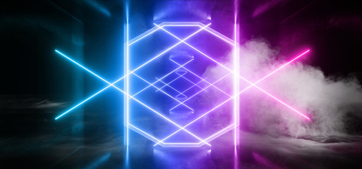 Smoke Sci Fi Futuristic Stage Neon Lights Laser Purple Blue Glowing Modern Retro  Elegant Spaceship Club Night Dark Garage Underground Grunge Concrete Reflections Abstract 3D Rendering
