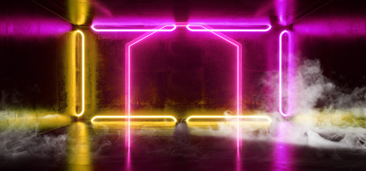 Smoke Sci Fi Futuristic Stage Neon Lights Laser Yellow Purple Glowing Modern Retro  Elegant Spaceship Club Night Dark Garage Underground Grunge Concrete Reflections Abstract 3D Rendering