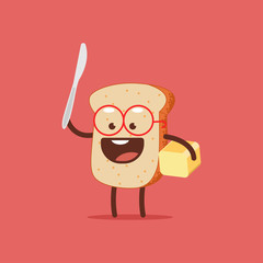 Cute toast with butter and knife. Funny bread vector cartoon character isolated on a white background.