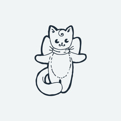 Cute cat with bow. Cartoon hand drawn vector illustration