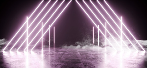 Smoke Grunge Sci Fi Concrete Tunnel Spaceship Neon Purple Glowing Shape Triangle Vertical  Line Tubes Futuristic Reflective Corridor Underground Hallway Garage Empty Background 3D Rendering