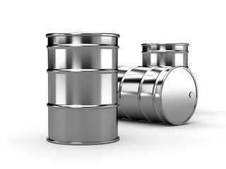 Metal Inox silver oil barrels isolated on white background. 3d render