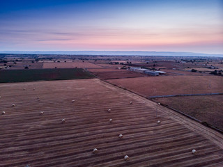 Obraz na płótnie Canvas Aerial view of a field full of wheat bales at sunrise