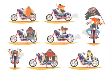 Obraz na płótnie Canvas Outlaw Biker Club Members On Heavy Choppers With Leather Vests And Long Beards Set Of Cartoon Characters