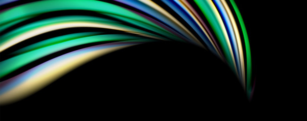 Fluid color rainbow style wave abstract background, techno modern design on black