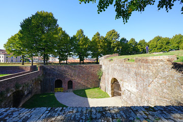 Fototapeta na wymiar View of the landmark Renaissance city walls in Lucca, a historic city in Tuscany, Central Italy