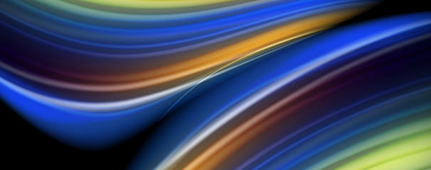 Abstract wave lines fluid rainbow style color stripes on black background. Artistic illustration for presentation, app wallpaper, banner or poster