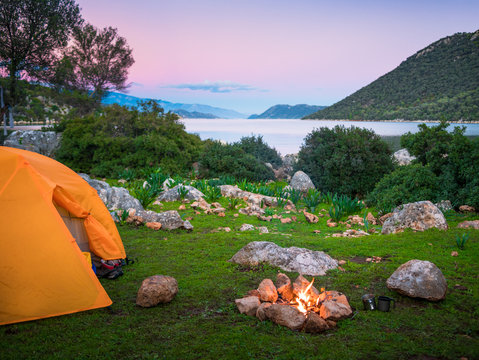 camping with fire and tent at night on Lycian Way, Turkey