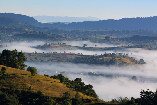 The breathtaking view of the colourful rolllings hills of the Kalaw highlands at dawn.