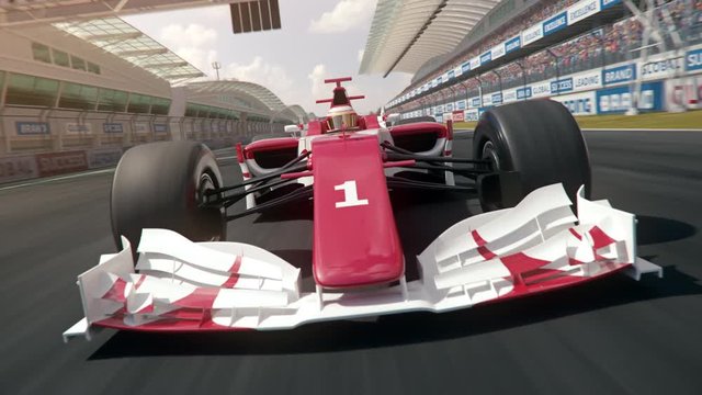 Generic formula one race car driving across the finish line - dynamic front view camera - realistic high quality 3d animation - my own car design - no copyright/trademark infringement
