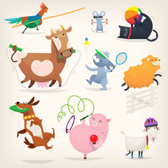 Farm animals do morning exercises and play sports. Vector illustrations with healthy animal characters.