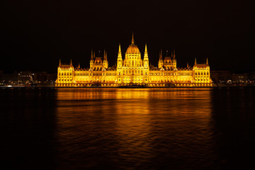 Fototapeta na wymiar Hungarian Parliment night panoramic view, Budapest, Hungary