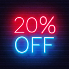 20 percent off neon lettering on brick wall background