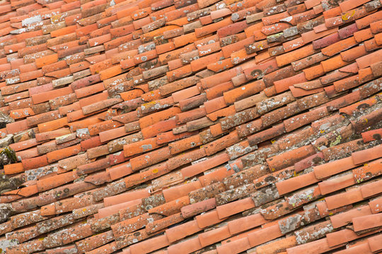 Full image of the red tile roof covered with lichen in an old European town