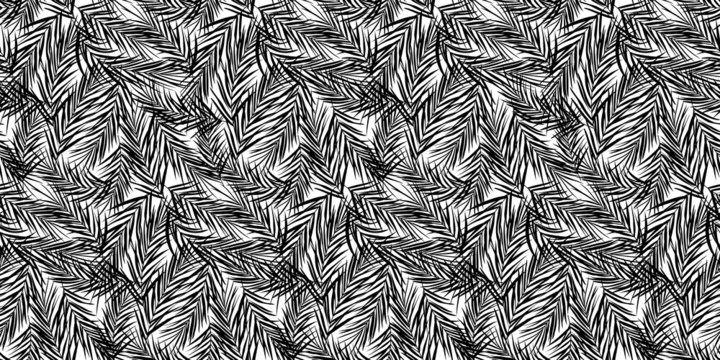 Seamless hand drawn black and white exotic vector pattern with palm leaves - Vector