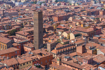 Fototapeta na wymiar Panoramic view of the tiled roofs and Torre Prendiparte in the city of Bologna Italy