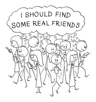 Vector cartoon stick figure drawing conceptual illustration of group of lonely people walking and using online social networks on mobile phones, and thinking about online and real friends.