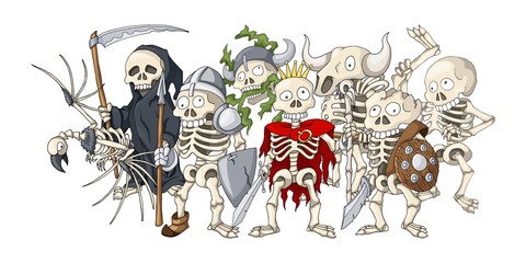 Undead war formation. Cartoon illustration of different skeletons sketches