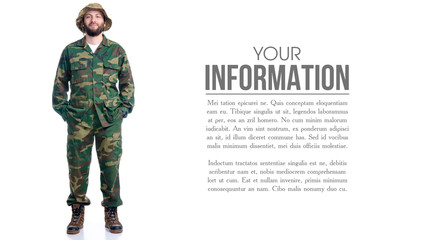 Man in camouflage clothes hiking standing on white background isolation