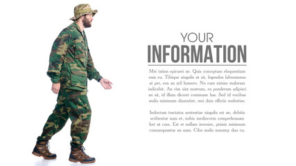 Man in camouflage clothes hiking walking goes on white background isolation
