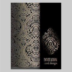 Wedding invitation card with gray and gold gold shiny eastern and baroque rich foliage. Ornate islamic background for your design. Islam, Arabic, Indian, Dubai.