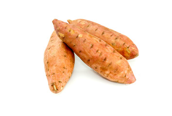 Three root vegetables sweet potato on white background