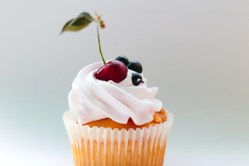 Isolated cupcake with cream, cherry with a leaf and black currant on a white background.