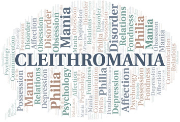 Cleithromania word cloud. Type of mania, made with text only.